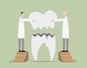 Cartoon image of two dentists holding and placing the top of a large broken tooth on green background.